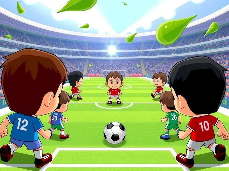 Dynamic action scene from Head Soccer game showing characters using heads to hit a football