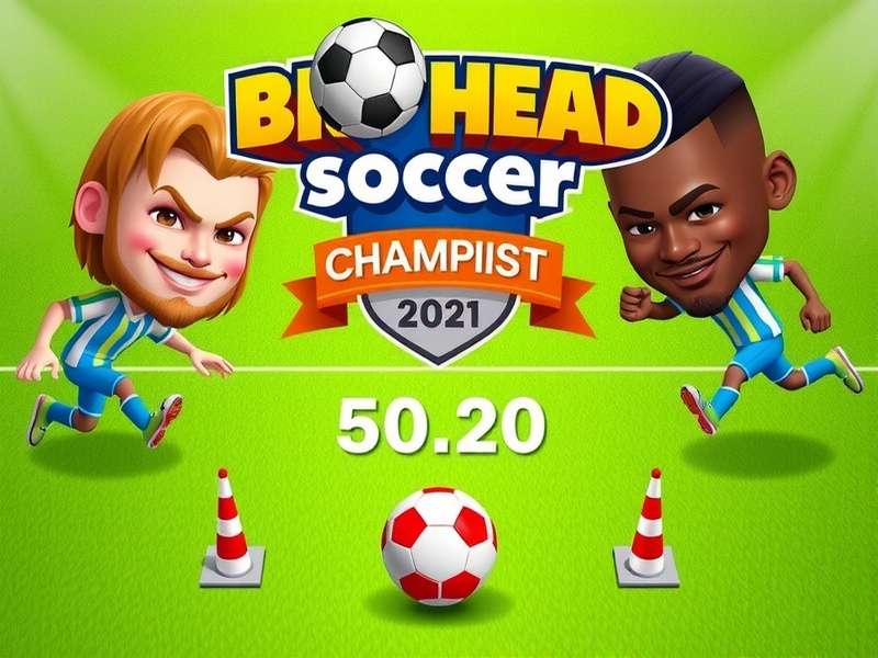 Intense match from the Big Head Soccer Championship showing two characters mid-air heading the ball